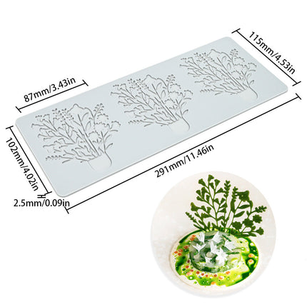 Silicone mold with plant designs and a sample of its use on a dish.