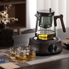 Side pressure Qizhi - smoke gray + wood grain electric pottery stove + 4 cups