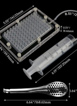 Measurement chart of a syringe, clear container with small components, and metal tool on a black background.