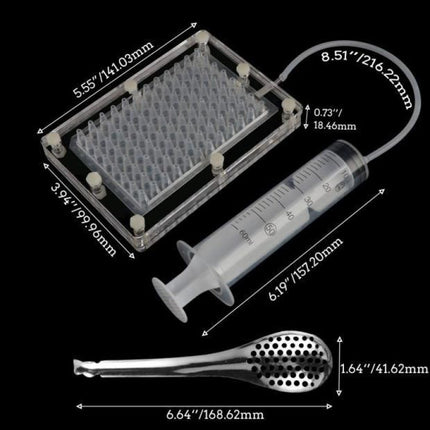 Measurement chart of a syringe, clear container with small components, and metal tool on a black background.