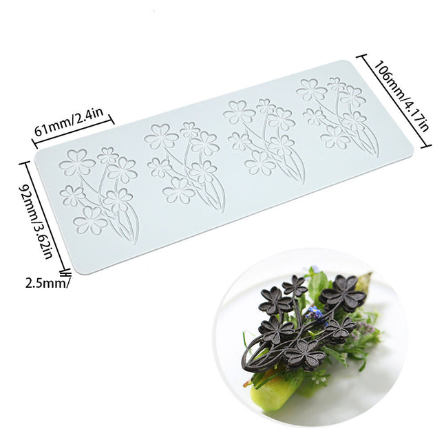 Flower-shaped mold with measurements and a sample product on a white background