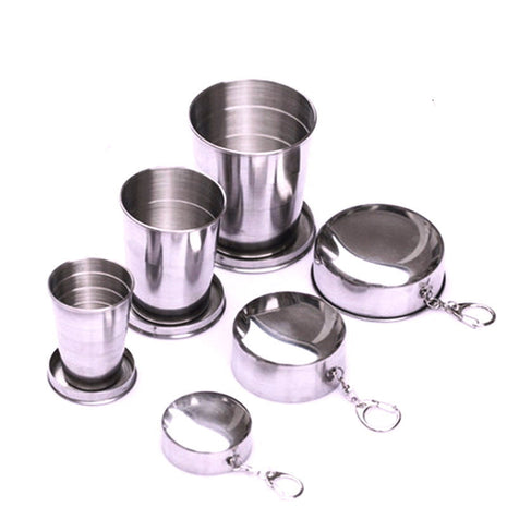 Set of stainless steel cups and strainers with a '304' stamp on a white background | Cocktail Ceremony
