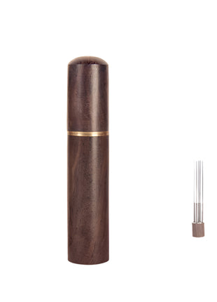 Wooden cylindrical object with gold accent and measurements on a white background