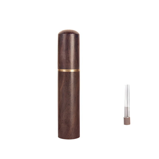 Wooden cylindrical object with gold accent and measurements on a white background