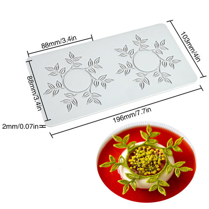 Silicone mold with floral design and measurements, used for making decorative items.