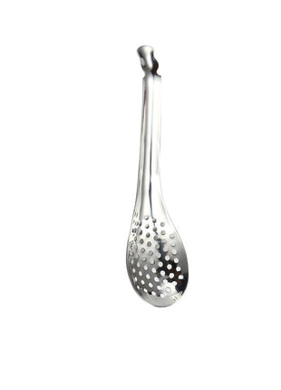 Stainless steel ladle with measurement details on a white background