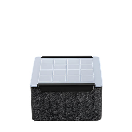 Crystal clear ice cube maker with dimensions and weight information on a white background