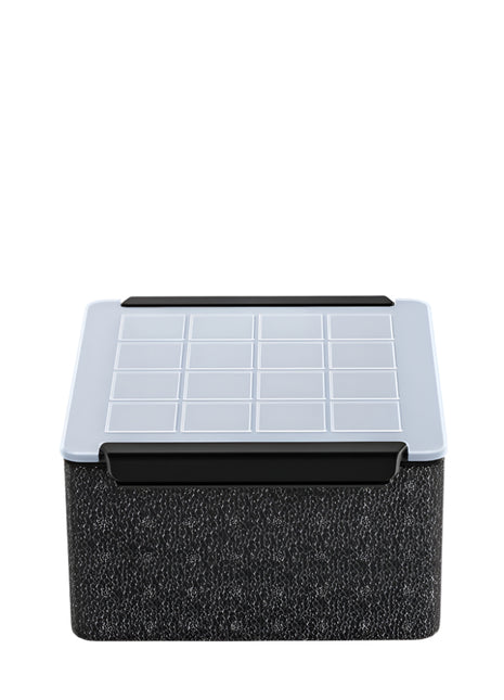 Crystal clear ice cube maker with dimensions and weight information on a white background