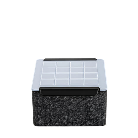 Crystal clear ice cube maker with dimensions and weight information on a white background