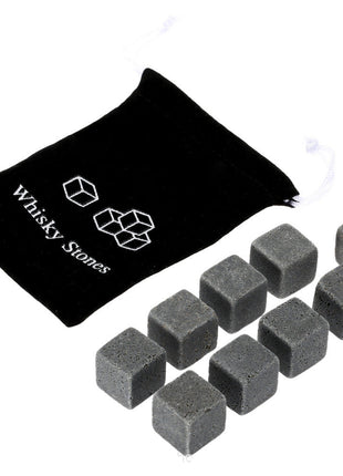 Set of whiskey stones with a black drawstring bag featuring 'Whiskey Stones' branding on a white background.