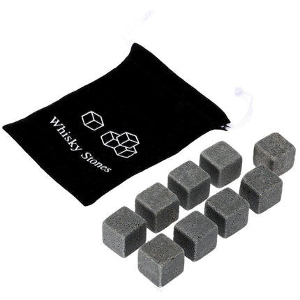 Set of whiskey stones with a black drawstring bag featuring 'Whiskey Stones' branding on a white background.