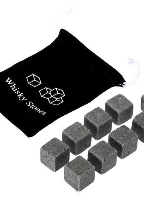 Set of whiskey stones with a black drawstring bag featuring 'Whiskey Stones' branding on a white background.