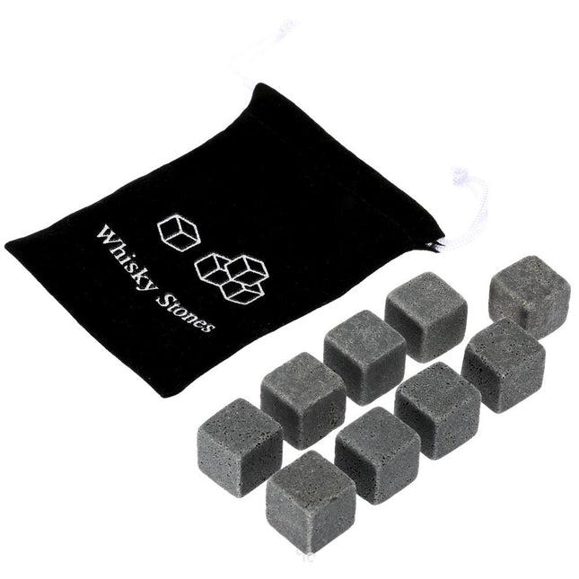 Set of whiskey stones with a black drawstring bag featuring 'Whiskey Stones' branding on a white background.