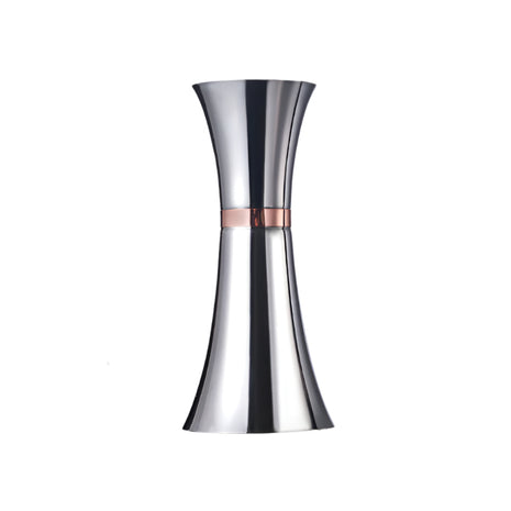 Measurement chart of a silver measuring cup with dimensions and volume markings | Cocktail Ceremony