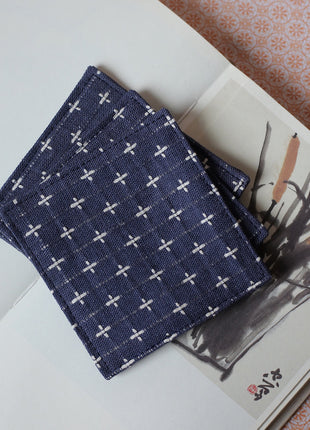 Fabric Coaster — Navy blue rice jacquard print (9×9 cm)