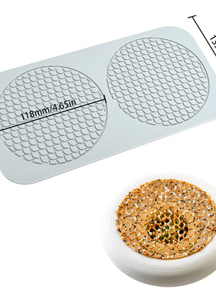 Silicone mold with grid pattern and dimensions, used for making pet toys.