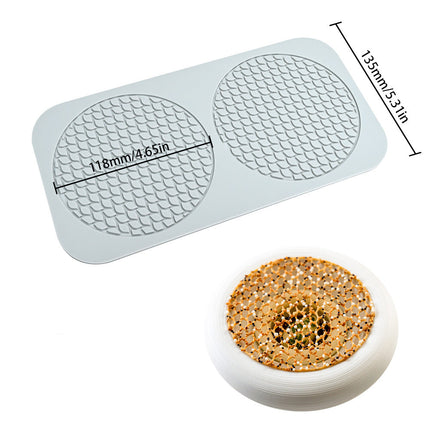 Silicone mold with grid pattern and dimensions, used for making pet toys.