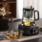 Side pressure round handle - smoke gray + wood grain electric pottery stove + 4 cups