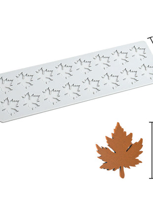Leaf-shaped mold with dimensions and leaf samples on a white background