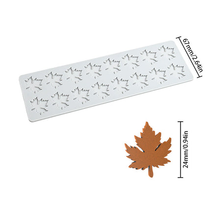Leaf-shaped mold with dimensions and leaf samples on a white background