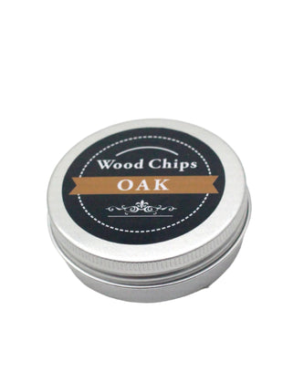 Metal tin labeled 'Wood Chips Oak' on a white background