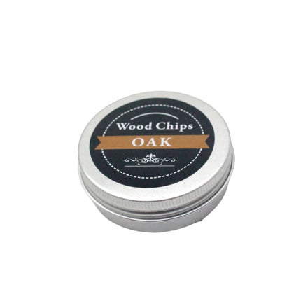 Metal tin labeled 'Wood Chips Oak' on a white background