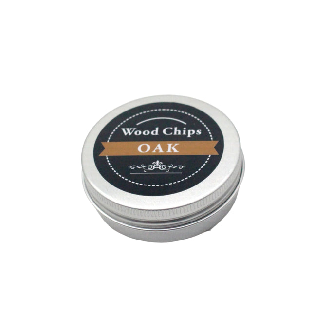 Metal tin labeled 'Wood Chips Oak' on a white background