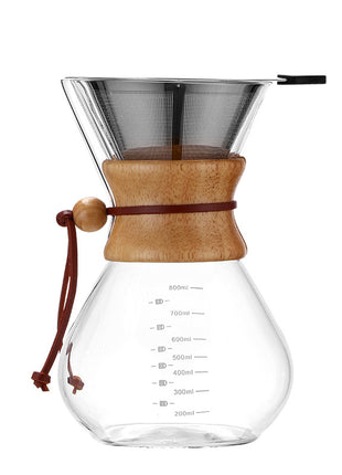 Clear glass coffee maker with wooden collar and metal filter on a white background