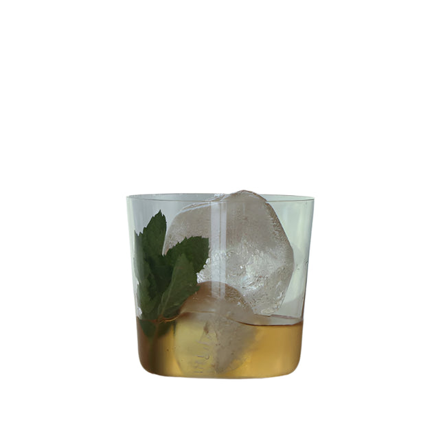 Glass of amber liquid with a large ice cube and mint leaf on a reflective surface.
