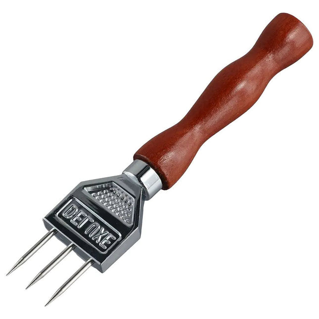 Barbecue skewer with wooden handle and metal prongs on a white background