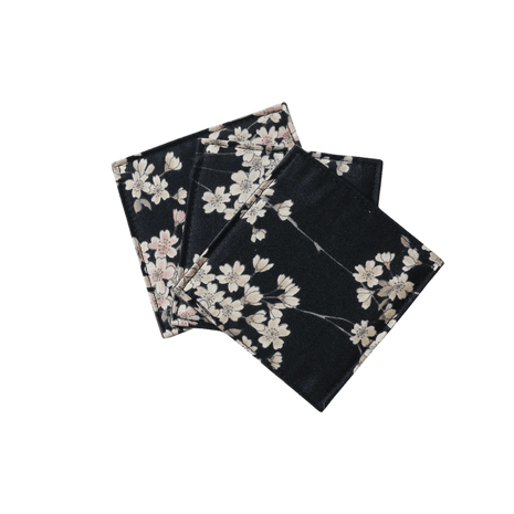Fabric Coaster — Black background with pink and white cherry blossoms (9×9 cm) - Cocktail Ceremony
