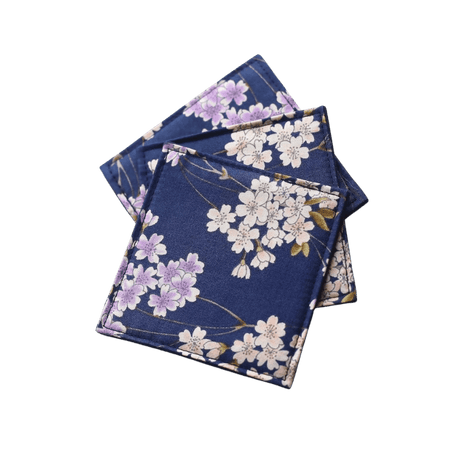 Fabric Coaster — Blue bottom purple flower (9×9 cm) - Cocktail Ceremony