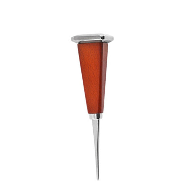 Wooden-handled tool with measurements on a white background