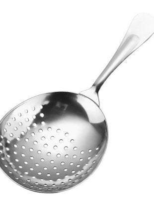 A stainless steel julep strainer with an oval-shaped body and a handle, featuring a perforated surface.