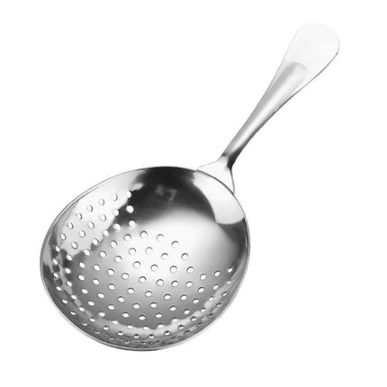 A stainless steel julep strainer with an oval-shaped body and a handle, featuring a perforated surface.