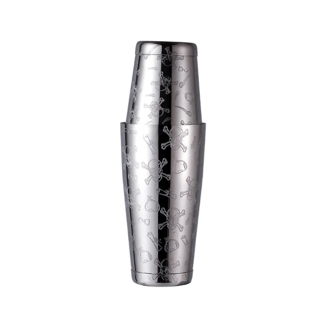 Silver shaker with skull and crossbones pattern on a white background