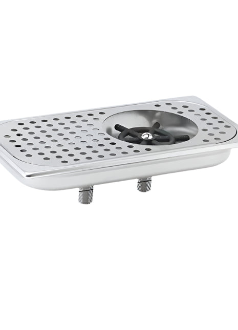 Stainless steel sink strainer with dimensions and product details on a white background