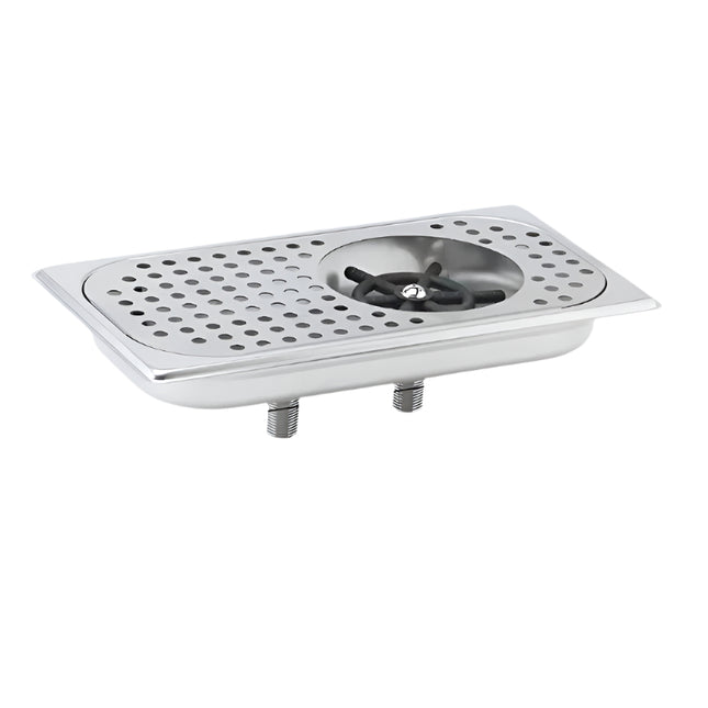Stainless steel sink strainer with dimensions and product details on a white background