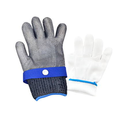 Gray glove with blue wristband on a white background