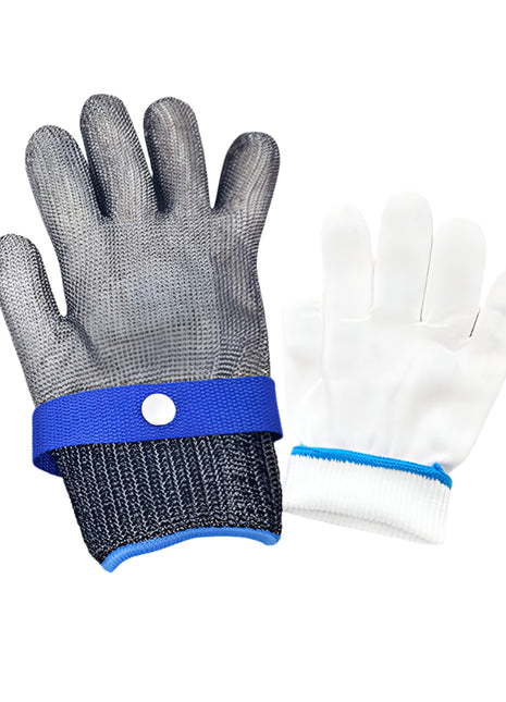 Gray glove with blue wristband on a white background
