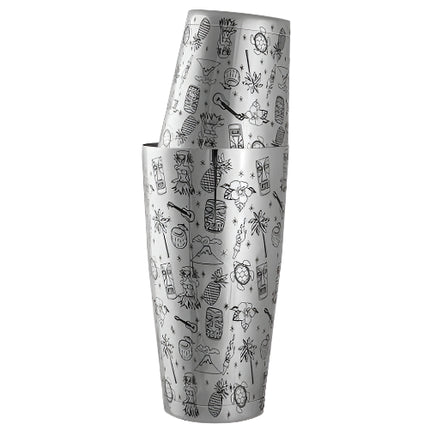 Silver cocktail shaker with black illustrations on a white background