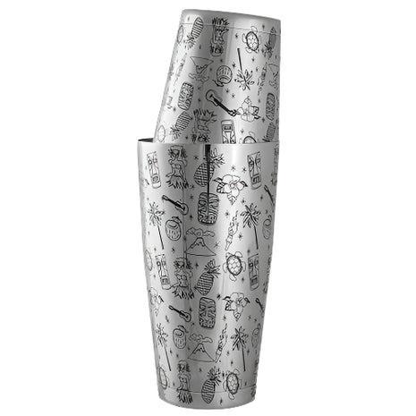 Silver cocktail shaker with black illustrations on a white background