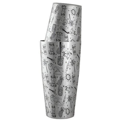 Silver cocktail shaker with black illustrations on a white background