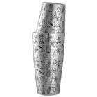 Silver cocktail shaker with black illustrations on a white background | Cocktail Ceremony
